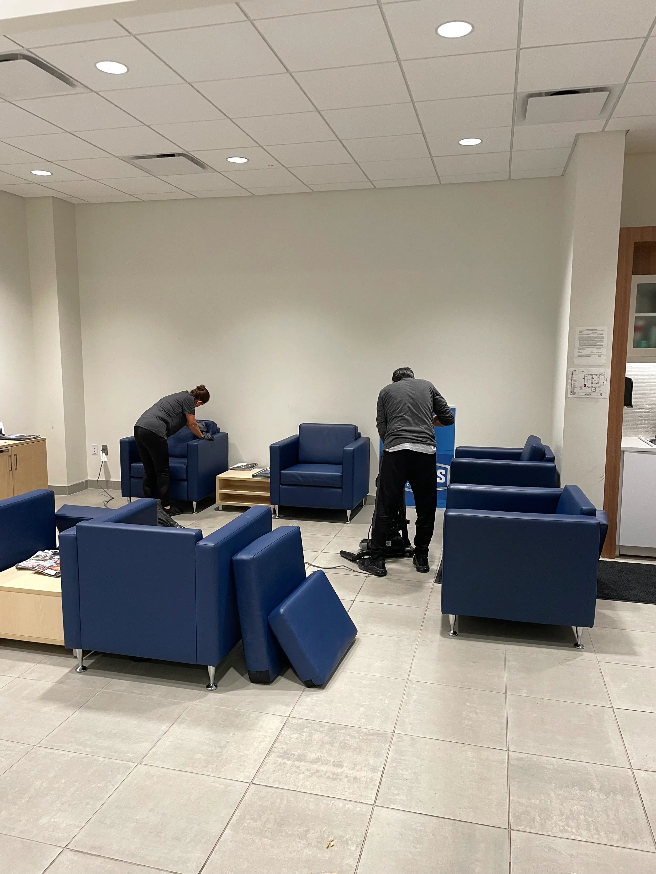 Customer lounge being cleaned